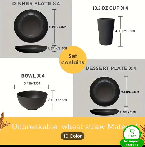 BRCZOU 16-Piece Kitchen Plastic Wheat Straw Dinnerware Set, Service for 4, Cups,